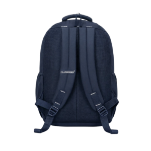 navy blue backpack back view with padded shoulder straps and mesh design