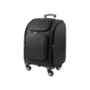 black makeup trolley bag side view with wheels and multiple storage compartments