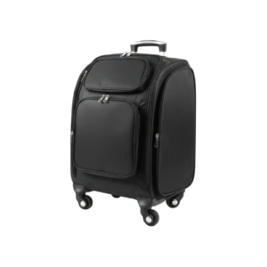 black makeup trolley bag side view with wheels and multiple storage compartments