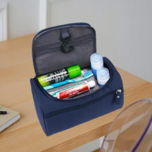 blue travel toiletry bag with compartments makeup organizer cosmetic storage pouch