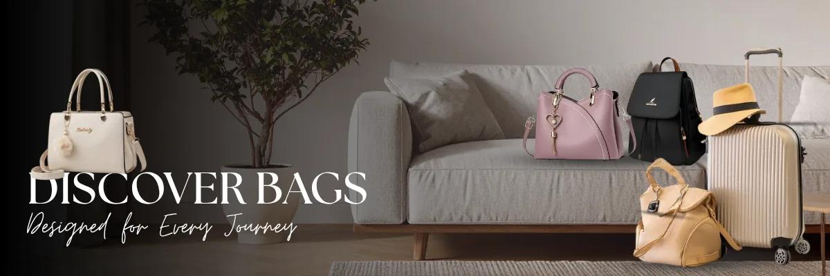 Stylish handbags, backpack and travel luggage displayed in modern living room setting