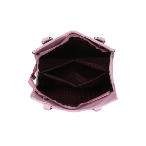 pink handbag open view with inner compartments zipper pocket and spacious storage