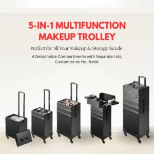 5 in 1 makeup trolley with removable compartments professional cosmetic storage case