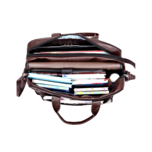 brown office bag open view with laptop compartment and document storage