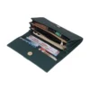 green clutch wallet open view with multiple compartments card slots and zipper pocket