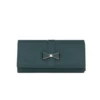 elegant green clutch purse with multiple compartments zipper and metal bow detail
