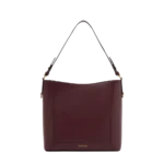 dark brown tote bag with structured design and shoulder handle