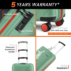 56 cm green trolley bag with 5 years warranty, 8 wheels, TSA lock, telescopic handle and water resistant hard shell