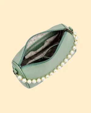 Top view of mint green pearl sling bag with spacious zip compartment and inner pockets for women