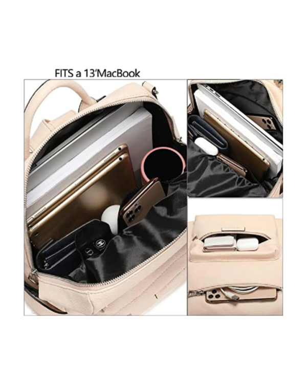 Women’s backpack purse interior with laptop compartment, spacious storage pockets, and organized everyday essentials