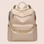 Elegant beige women’s leather backpack purse with zip compartments and adjustable straps