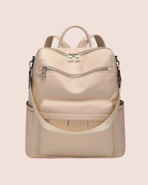 Elegant beige women’s leather backpack purse with zip compartments and adjustable straps