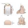 Beige women’s backpack purse dimension guide with laptop compatibility and multi-angle design view
