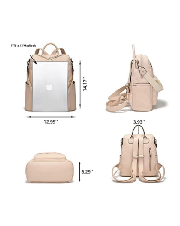 Beige women’s backpack purse dimension guide with laptop compatibility and multi-angle design view