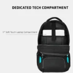 Black Safari laptop backpack with dedicated 17-inch soft-touch laptop compartment and spacious padded storage for office, college, and travel use