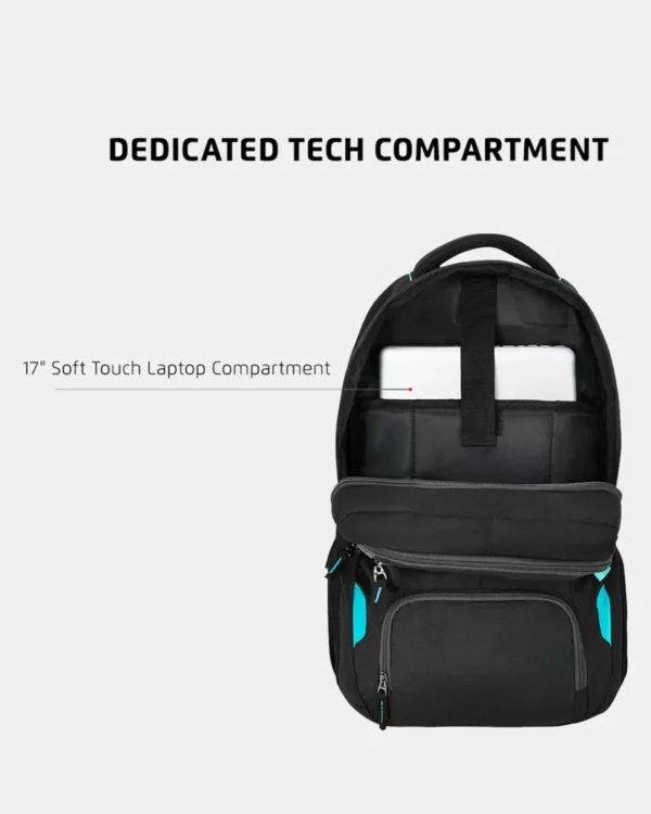 Black Safari laptop backpack with dedicated 17-inch soft-touch laptop compartment and spacious padded storage for office, college, and travel use