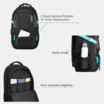 Black Safari backpack with quick-access pockets, work essentials organizer, and side bottle holder