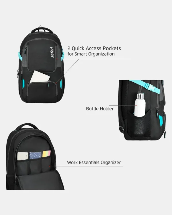 Black Safari backpack with quick-access pockets, work essentials organizer, and side bottle holder
