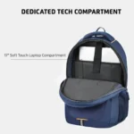 Blue Safari laptop backpack with dedicated 17-inch laptop compartment, padded interior, and spacious storage for office, college, and travel use
