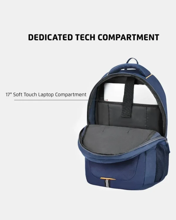 Blue Safari laptop backpack with dedicated 17-inch laptop compartment, padded interior, and spacious storage for office, college, and travel use
