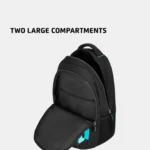 Safari black backpack showing two large spacious compartments with wide zipper opening