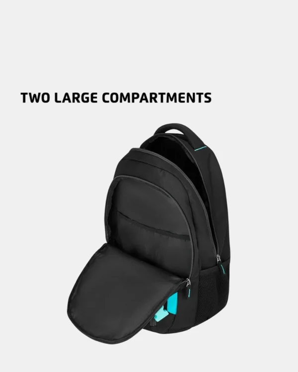 Safari black backpack showing two large spacious compartments with wide zipper opening