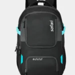 Black Safari backpack with multiple zipper compartments, padded straps, and stylish blue accents for college, office, and travel use