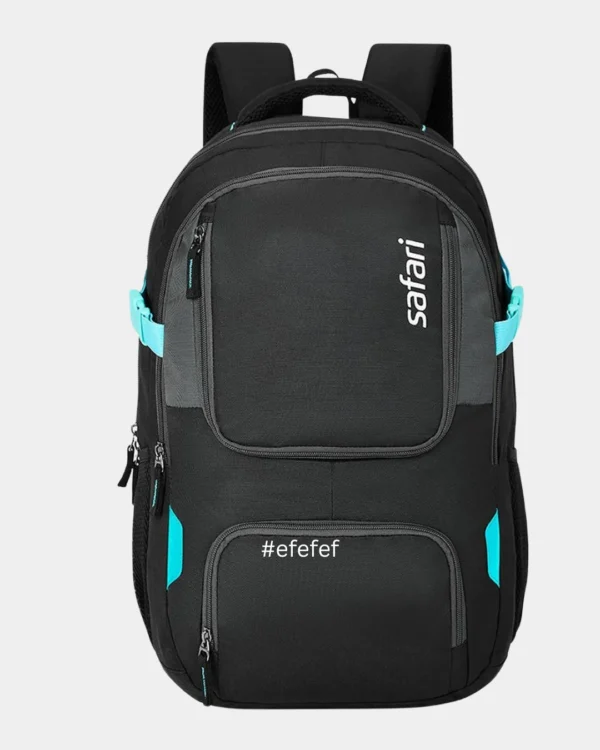 Black Safari backpack with multiple zipper compartments, padded straps, and stylish blue accents for college, office, and travel use