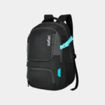 Side angle view of black Safari backpack with side buckle straps, spacious storage, and mesh bottle holder