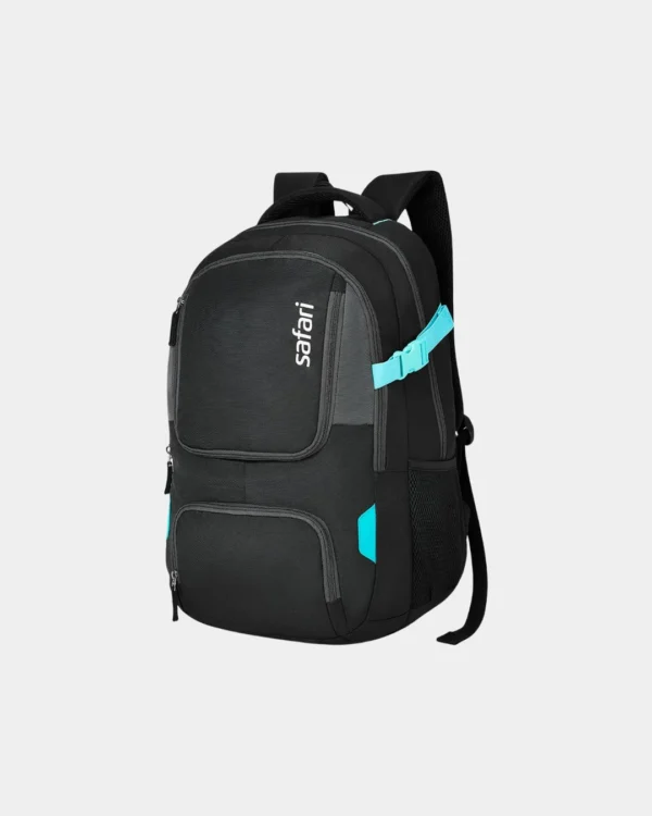 Side angle view of black Safari backpack with side buckle straps, spacious storage, and mesh bottle holder