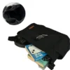 Black canvas messenger bag with spacious compartments holding books, phone, headphones, and daily essentials