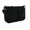 Minimal black shoulder messenger bag with front pockets and adjustable strap