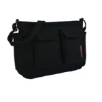 Minimal black shoulder messenger bag with front pockets and adjustable strap