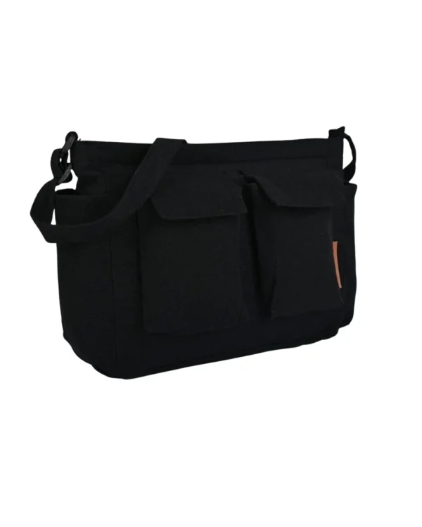 Minimal black shoulder messenger bag with front pockets and adjustable strap