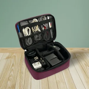 Open tech organizer pouch with compartments for cables, chargers and gadgets