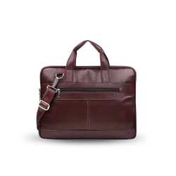 Brown leather office bag with shoulder strap and multiple compartments