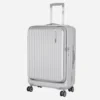 Silver expandable polycarbonate travel trolley suitcase with front opening compartment and spinner wheels