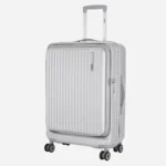 Silver expandable polycarbonate travel trolley suitcase with front opening compartment and spinner wheels
