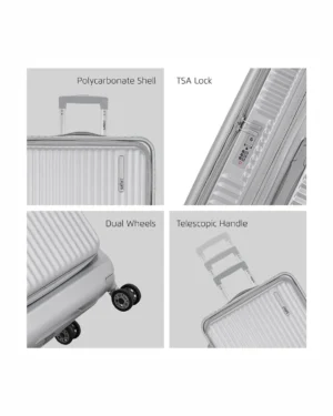 Travel trolley suitcase features showing TSA lock, dual wheels, polycarbonate shell, and telescopic handle