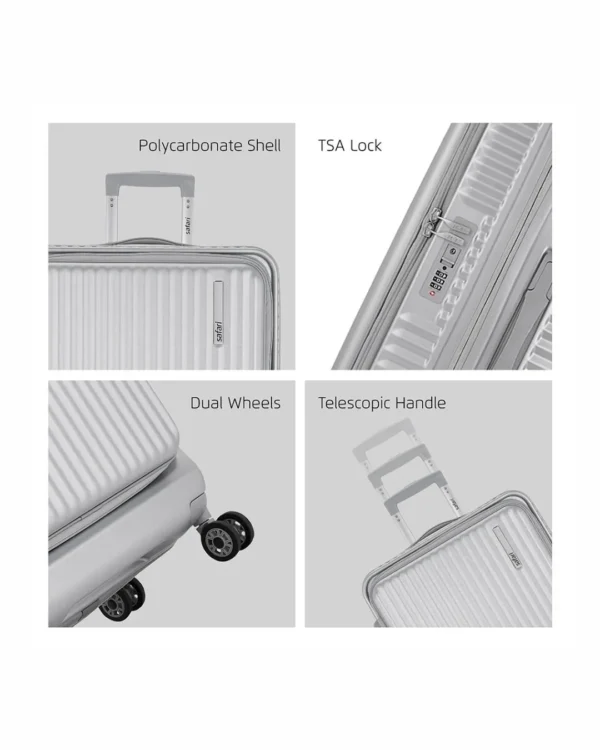Travel trolley suitcase features showing TSA lock, dual wheels, polycarbonate shell, and telescopic handle