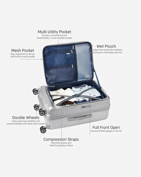 Open travel trolley suitcase with mesh pocket, wet pouch, compression straps, and spacious storage compartments