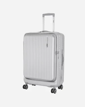 Silver expandable polycarbonate travel trolley suitcase with front opening compartment and spinner wheels