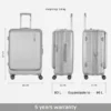 Silver travel trolley suitcase dimension and expandable capacity information with 5 years warranty