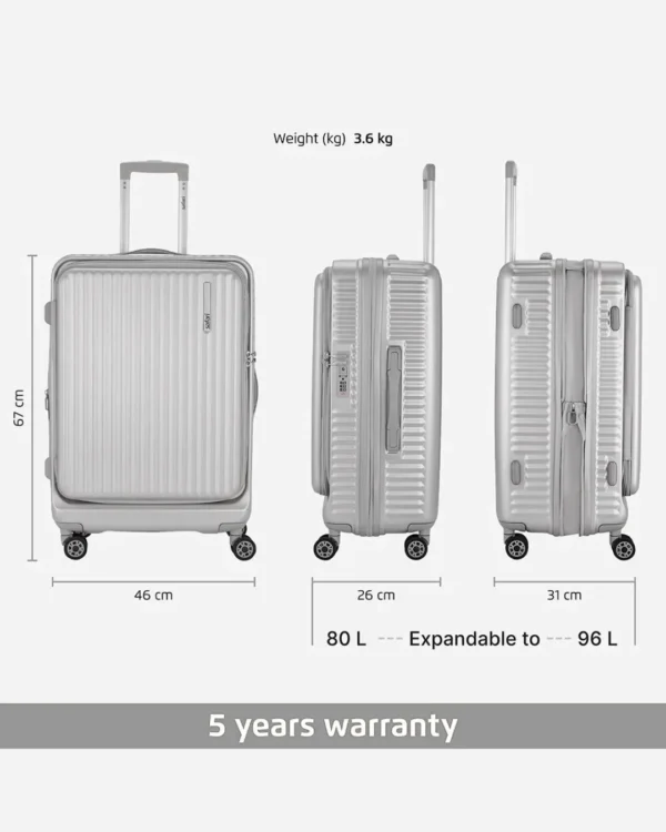 Silver travel trolley suitcase dimension and expandable capacity information with 5 years warranty