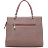 Back view of premium pink textured handbag for women featuring a secure zip pocket, dual top handles, and elegant gold-tone hardware.