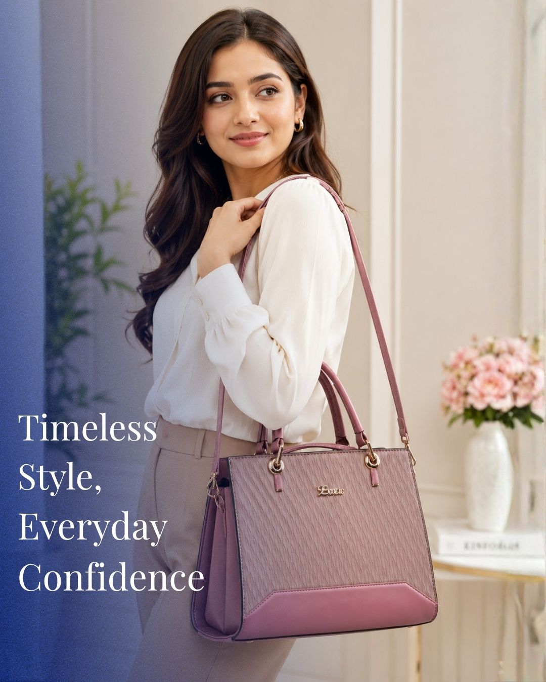 Elegant pink structured handbag for women carried by a model, featuring dual top handles, detachable shoulder strap, textured finish, and gold-tone hardware.