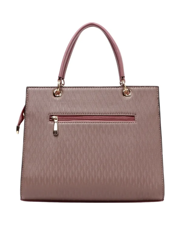 Back view of premium pink textured handbag for women featuring a secure zip pocket, dual top handles, and elegant gold-tone hardware.