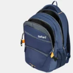 Blue Safari backpack with two large compartments, multiple zipper pockets, padded shoulder straps, and side bottle holder for college, office, school, and travel