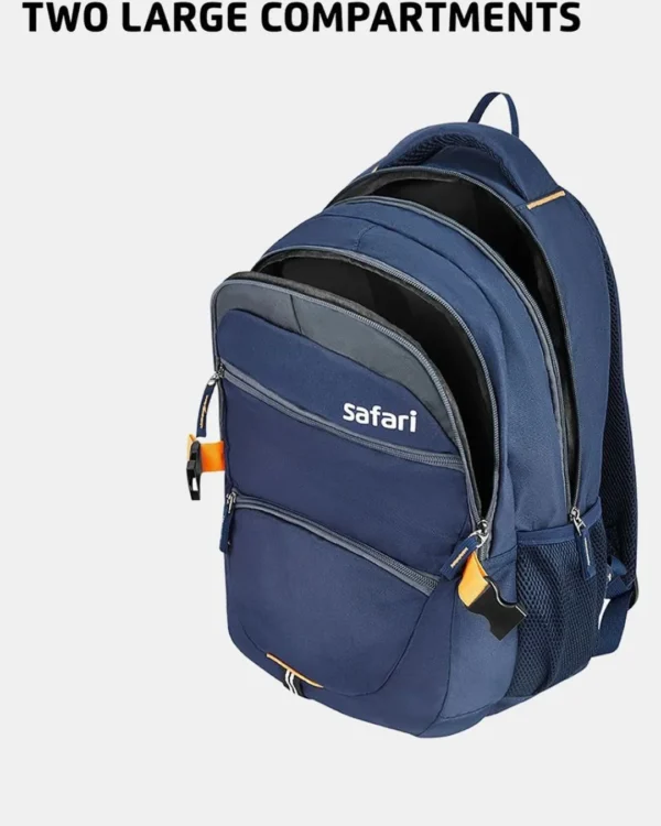 Blue Safari backpack with two large compartments, multiple zipper pockets, padded shoulder straps, and side bottle holder for college, office, school, and travel
