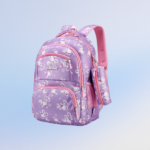Cute purple kids school backpack with cartoon bunny print and multiple compartments